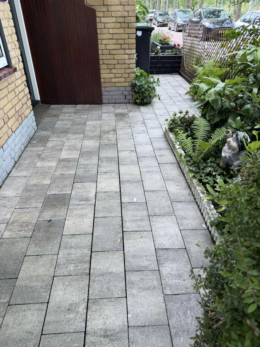 Bestrating met mos, half schoongemaakt met de hogedrukreiniger