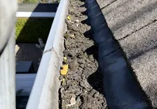 Dakgoot vol met blad en vuil, klaar om leeggehaald te worden